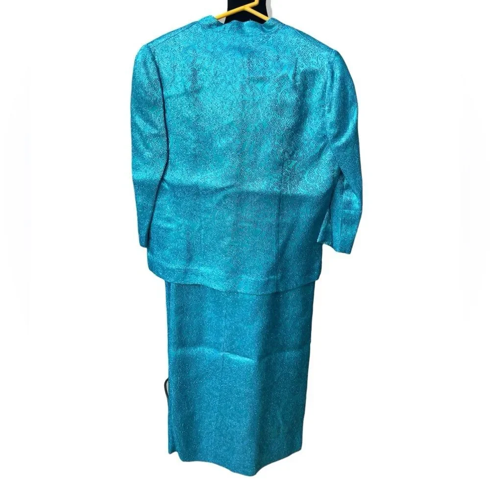 Vintage Blue Turquoise Metallic Dress Suit Set with Blazer Size Medium